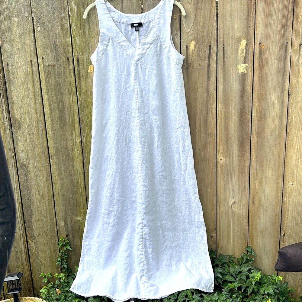 DKNY Summer White Linen Maxi Dress V Neck Women’s Size XS Small - Picture 2 of 8